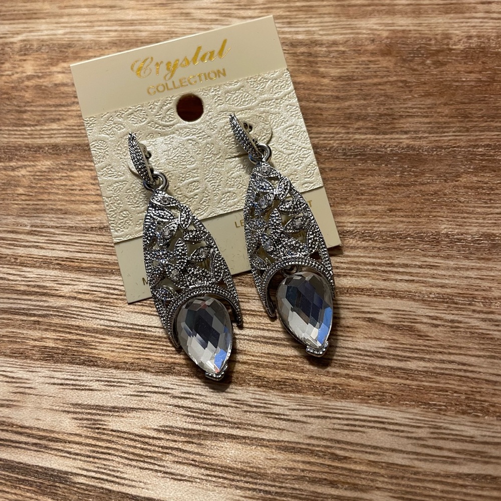Ornate Silver Crystal Teardrop Earrings